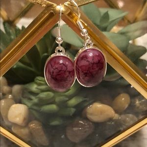Pinkish Maroon oval faux stone & silver earrings
